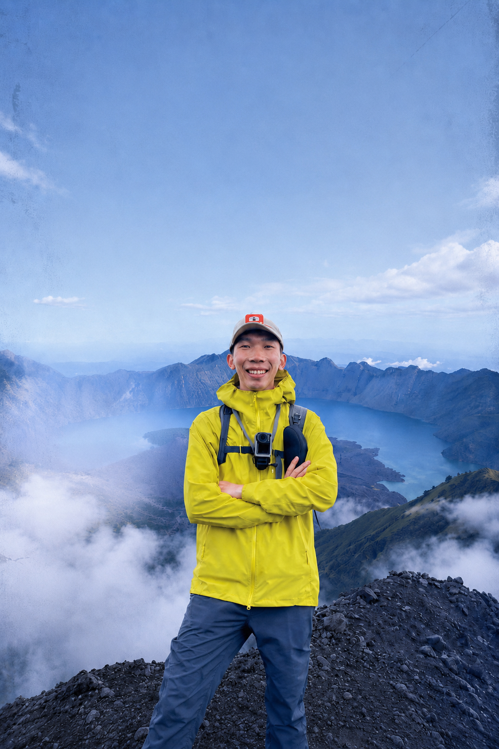 Mount Rinjani trekking guide and hiker at the summit rim